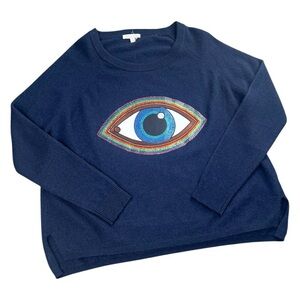 Minnie Rose 100% Cashmere Dark Blue Sweater with Evil Eye Gemstone Design Size M